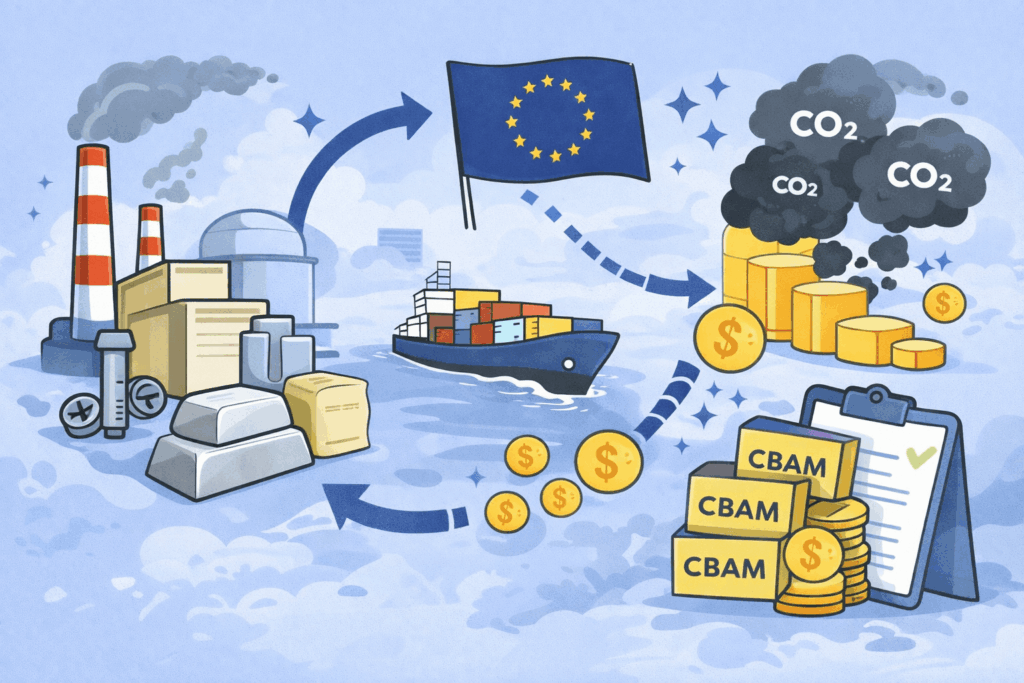 Illustration zum CO₂-Grenzausgleichsmechanismus CBAM: Import emissionsintensiver Waren in die EU mit CO₂-Kosten, Zertifikaten und EU-Regelung