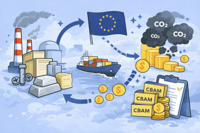 Illustration zum CO₂-Grenzausgleichsmechanismus CBAM: Import emissionsintensiver Waren in die EU mit CO₂-Kosten, Zertifikaten und EU-Regelung