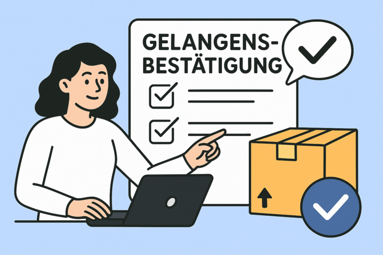 Illustration einer Mitarbeiterin, die am Laptop eine Gelangensbestätigung für innergemeinschaftliche Lieferungen prüft und abzeichnet