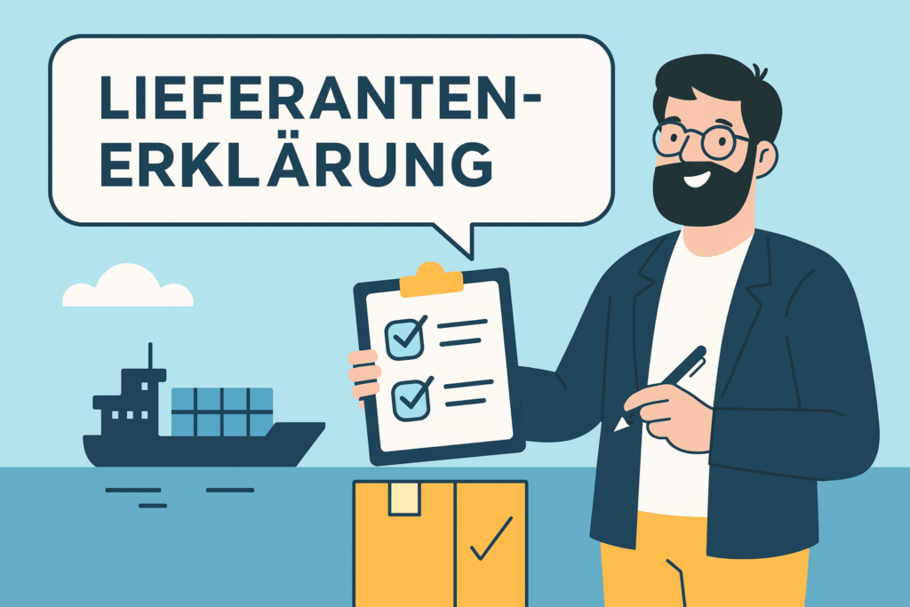 Illustration einer Lieferantenerklärung im Außenhandel mit Checkliste, Versandkarton und Seetransport zur Bestätigung des präferenziellen Warenursprungs